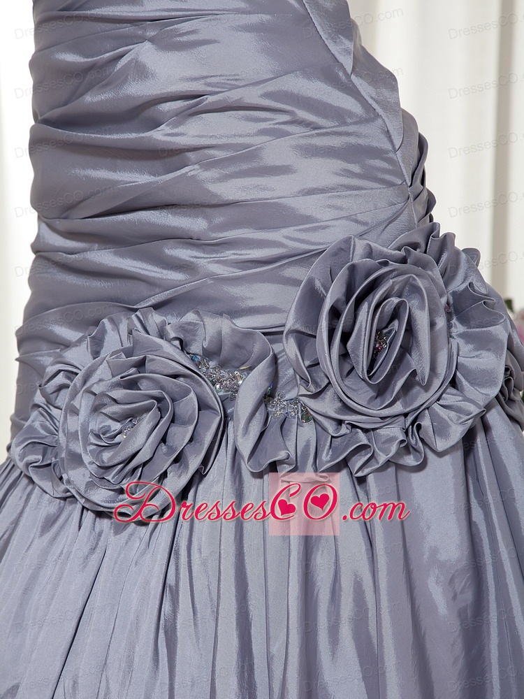 Grey A-line Long Taffeta Hand Made Flowers Prom Dress