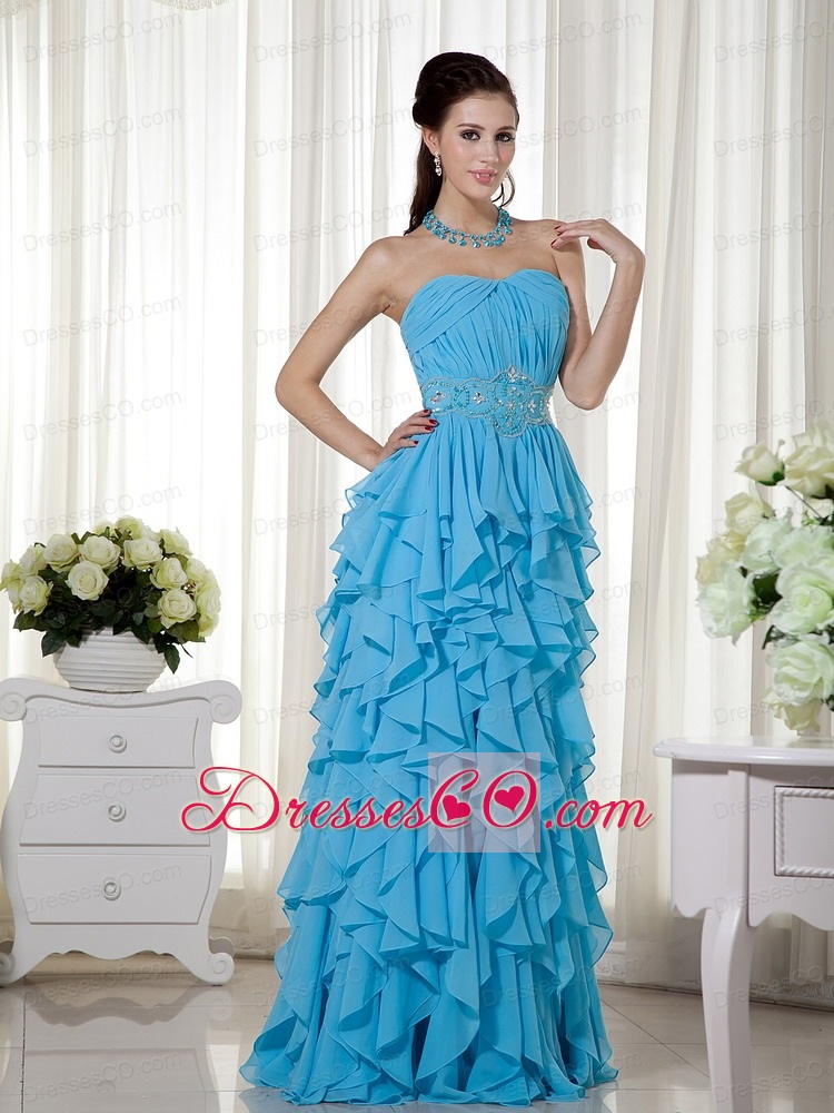 Aqua Blue Prom Dress Empire Strapless Chiffon Beading