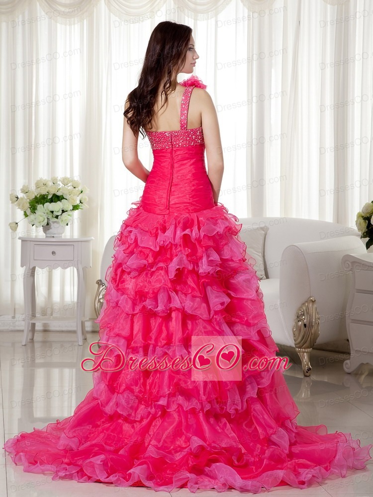 Hot Pink A-line One Shoulder Brush Train Organza Beading Prom / Evening Dress