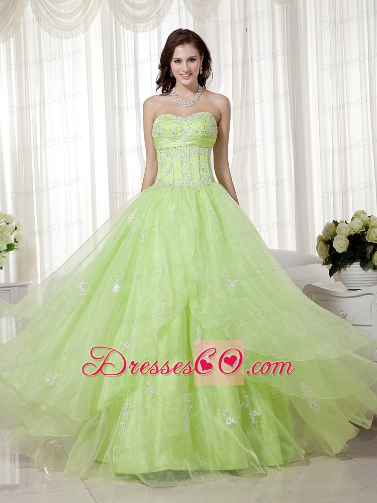 Yellow Green A-line Long Organza Beading Prom Dress
