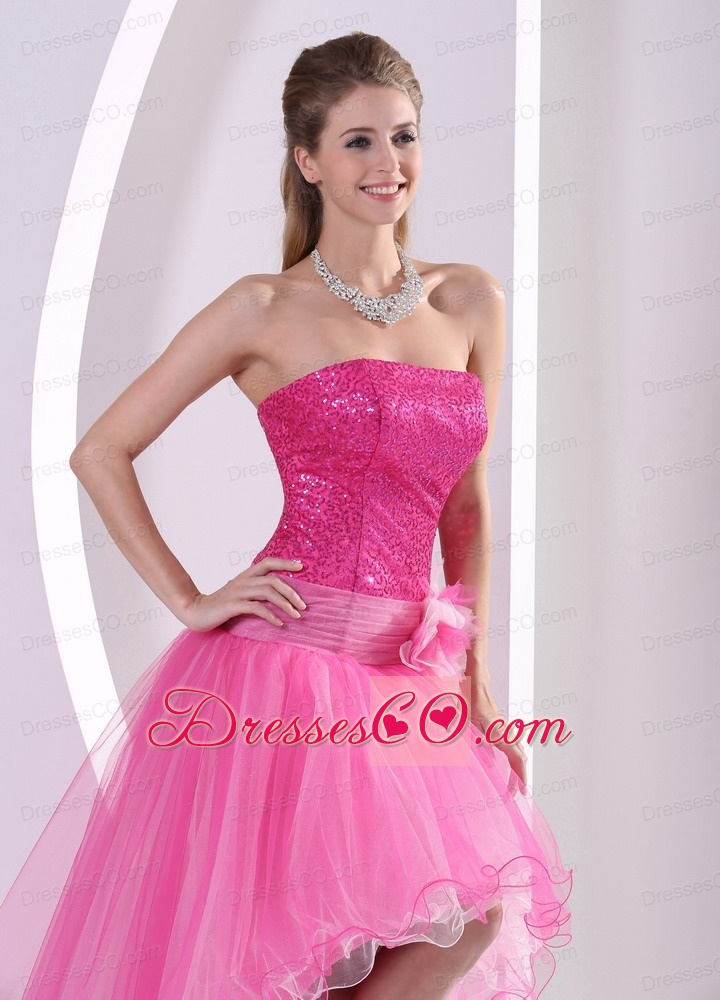 High-low Hot Pink Sequins Decorate Hand Made Flower Prom Celebrity Dress With Organza