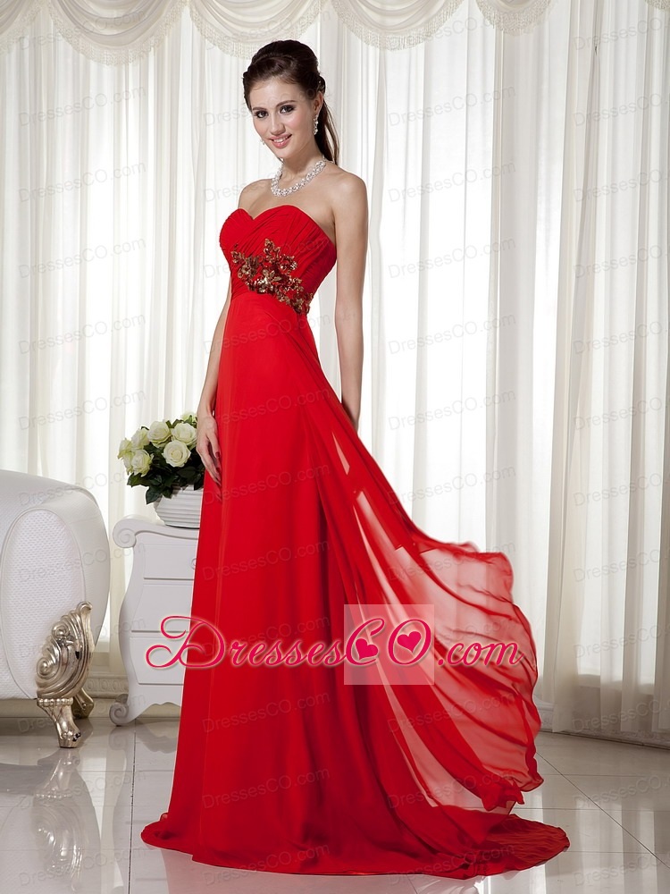 Red Empire Brush Train Chiffon Appliques and Ruched Prom / Celebrity Dress
