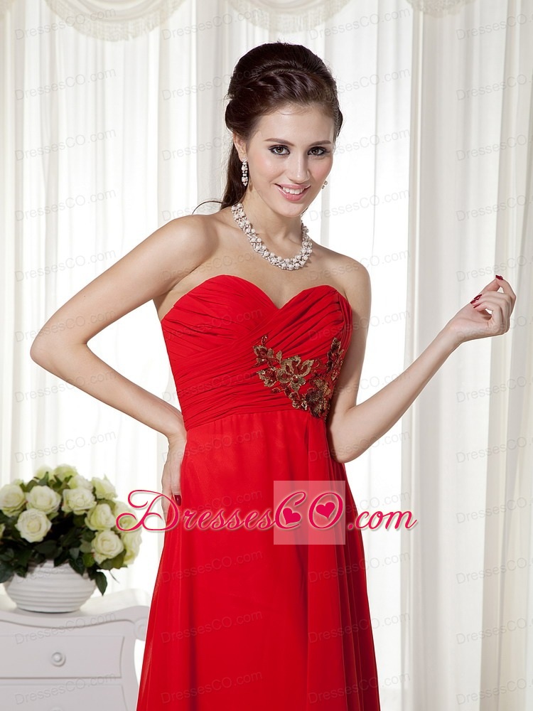 Red Empire Brush Train Chiffon Appliques and Ruched Prom / Celebrity Dress