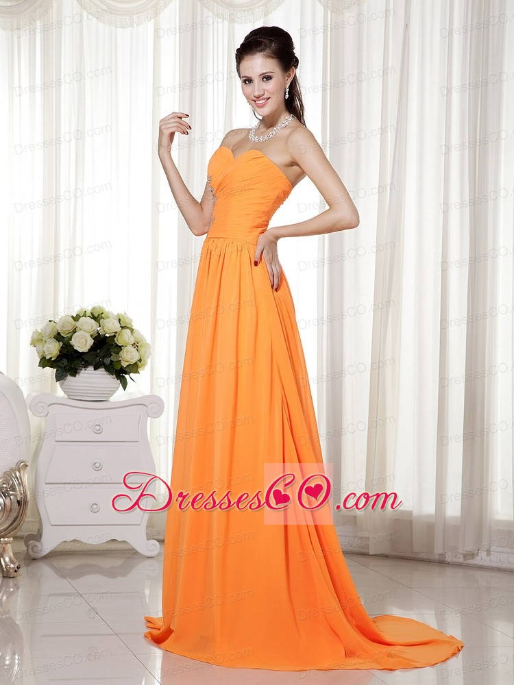 Orange Empire Brush Train Chiffon Beading and Ruching Prom / Celebrity Dress