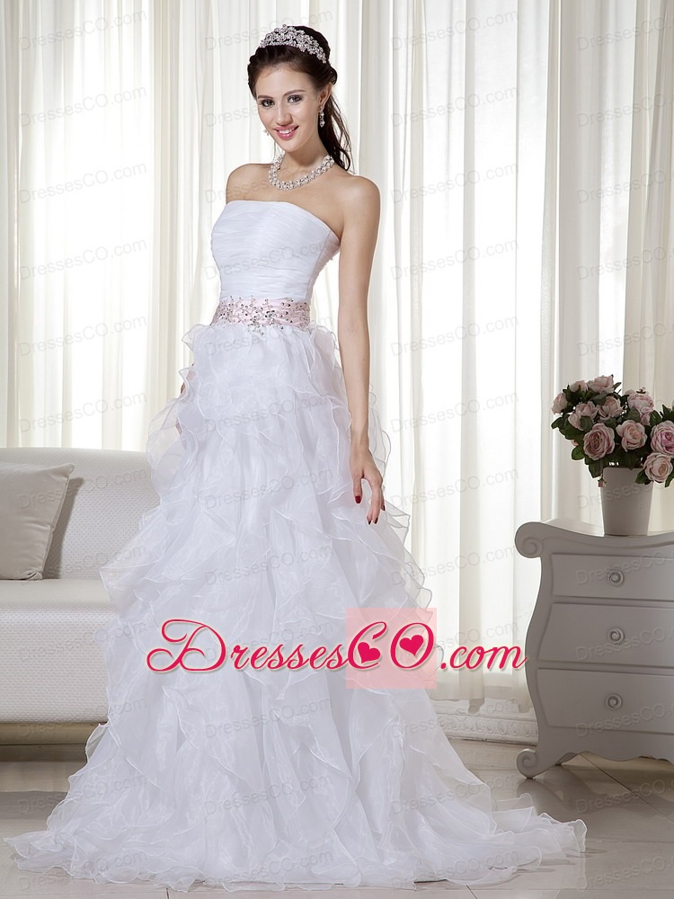 White A-line / Princess Stapless Brush Train Organza Beading Prom Dress