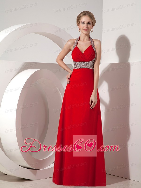 Beautiful Wine Red Column Halter top Prom Dress with Beading
