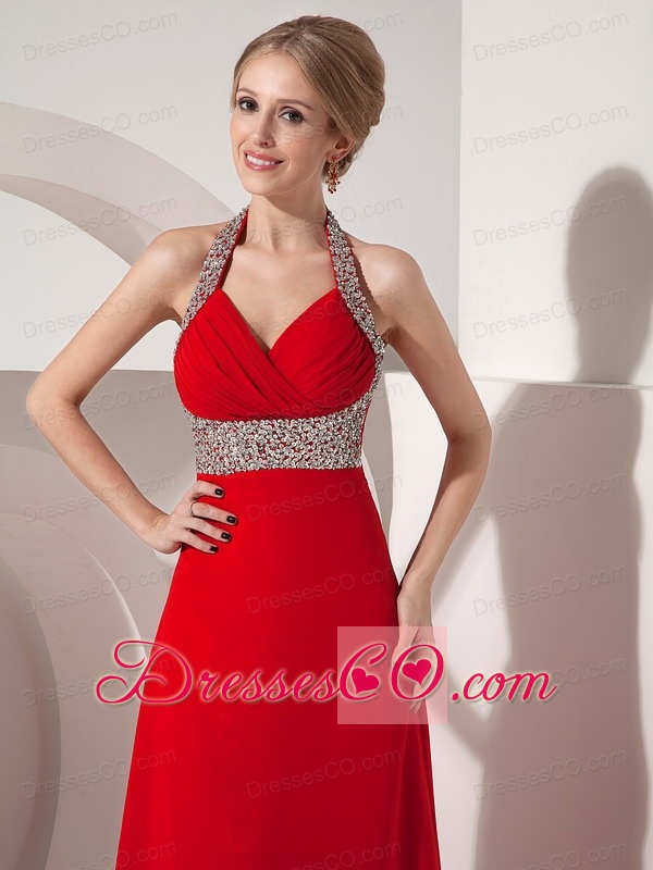 Beautiful Wine Red Column Halter top Prom Dress with Beading