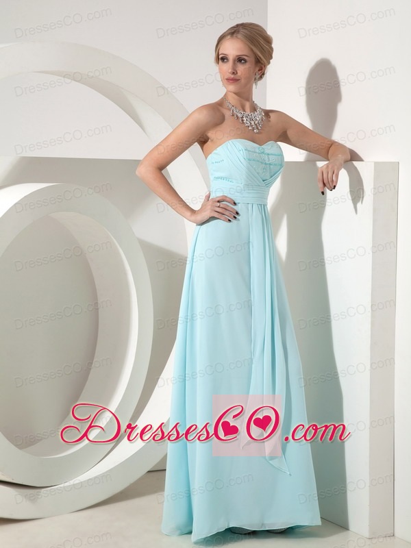 Custom Made Light Blue Column Chiffon Beading And Ruching Long Prom Dress
