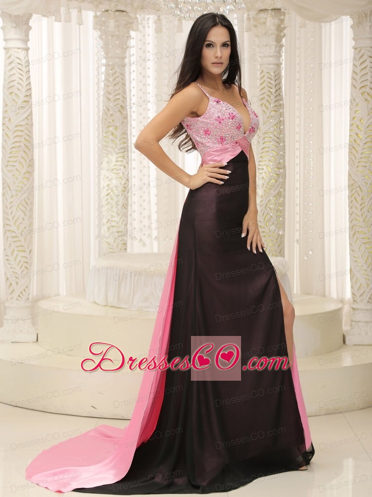 Straps Beaded Decorate Bust Ruched Evening Dress