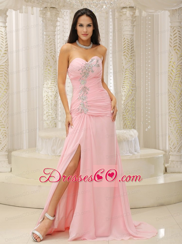 High Slit and Ruched Bodice Beading For Custom Made Evening Dress