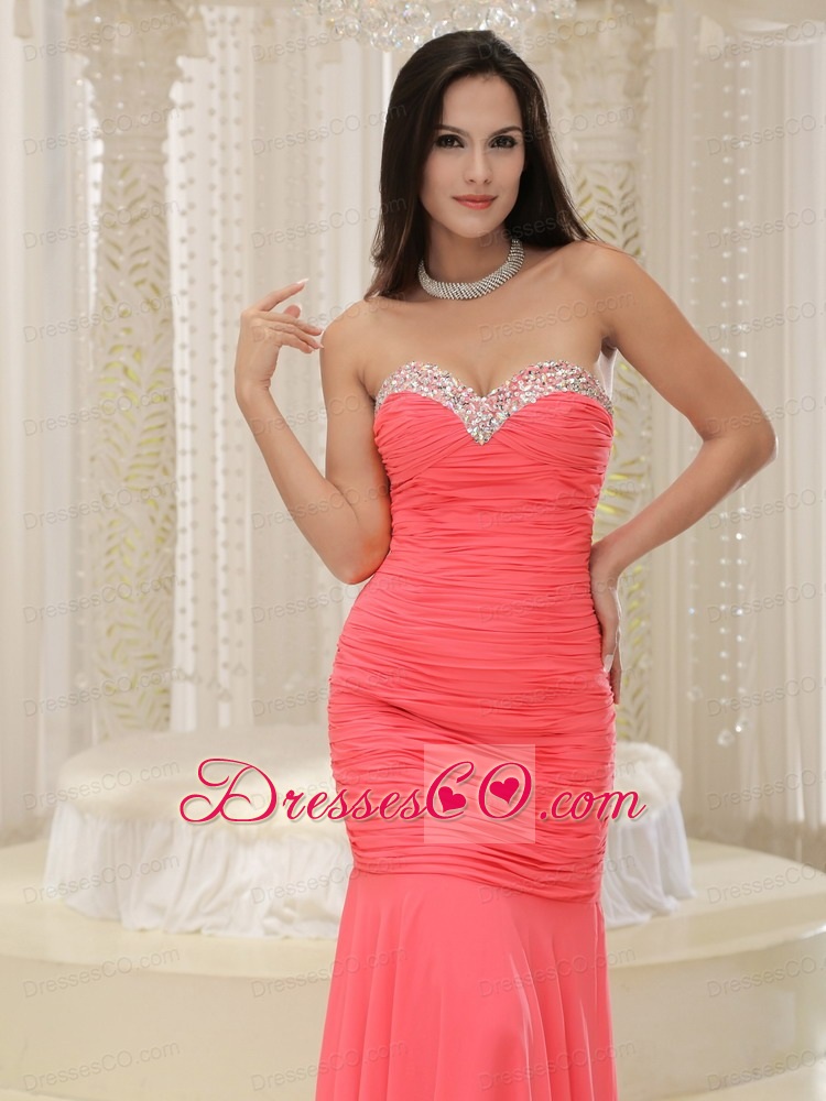 Coral Red Mermaid Beaded Decorate Bust Prom Dress