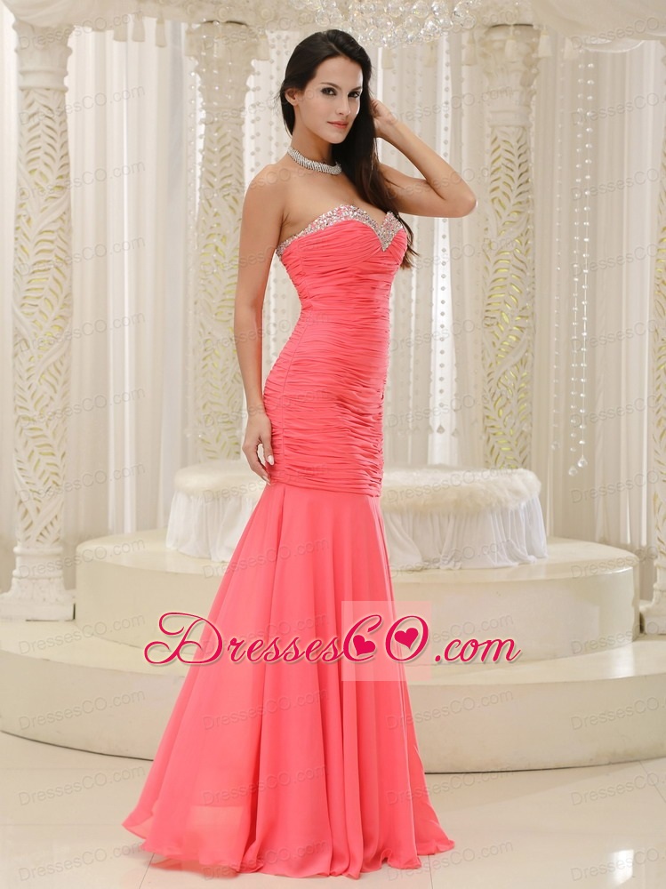 Coral Red Mermaid Beaded Decorate Bust Prom Dress