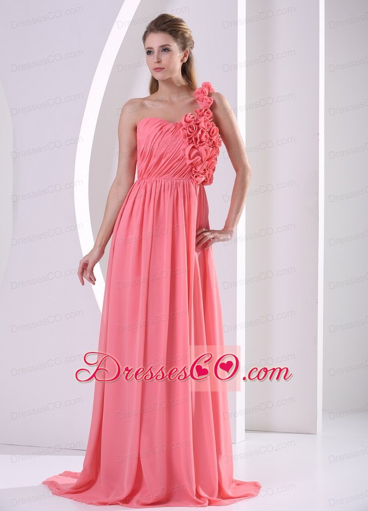 Customize Watermelon Hand Made Flowers One Shoulder Prom Celebrity Dress With Ruching