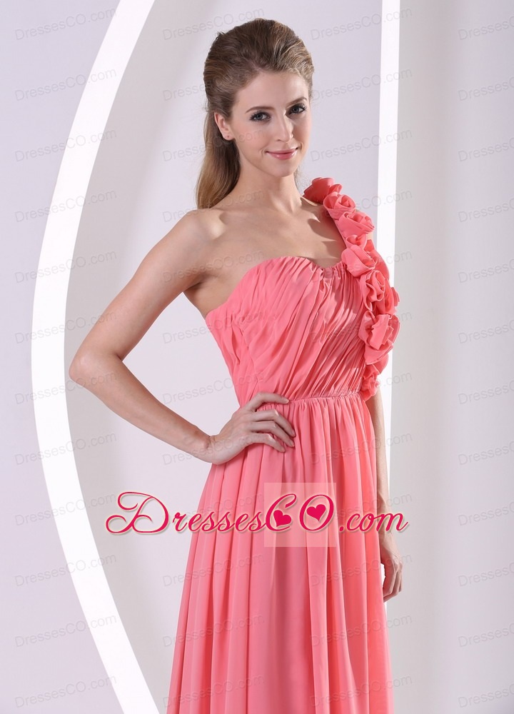 Customize Watermelon Hand Made Flowers One Shoulder Prom Celebrity Dress With Ruching
