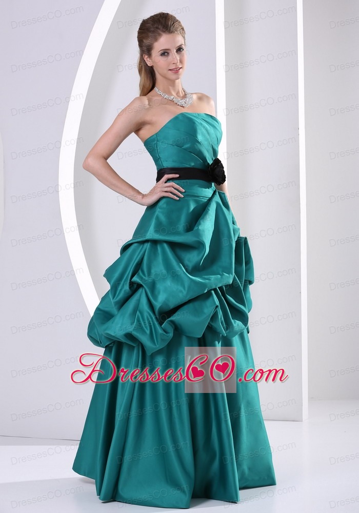 Turquoise A-line Hand Made Flower Belt and Ruched Prom Dress With Pick-ups