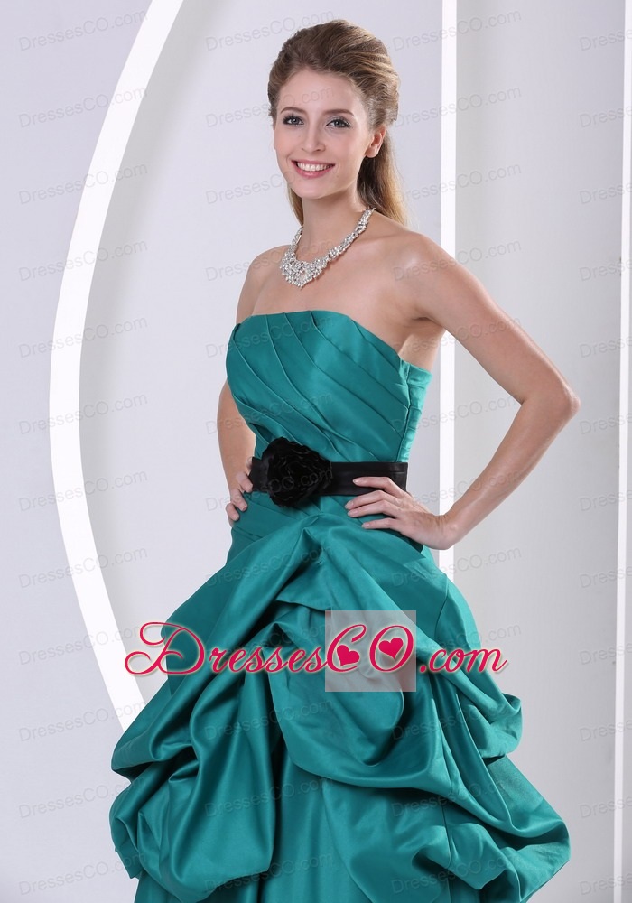 Turquoise A-line Hand Made Flower Belt and Ruched Prom Dress With Pick-ups