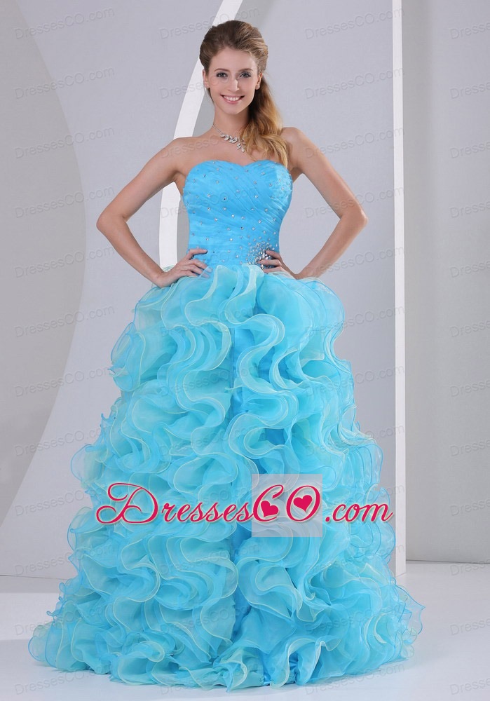 Beautiful Aqua Blue Organza Ruffles Beaded Decorate Up Bodice Prom Dress