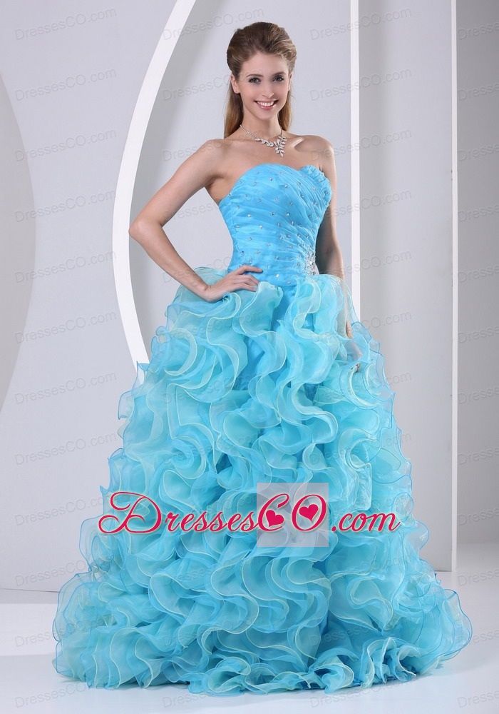 Beautiful Aqua Blue Organza Ruffles Beaded Decorate Up Bodice Prom Dress