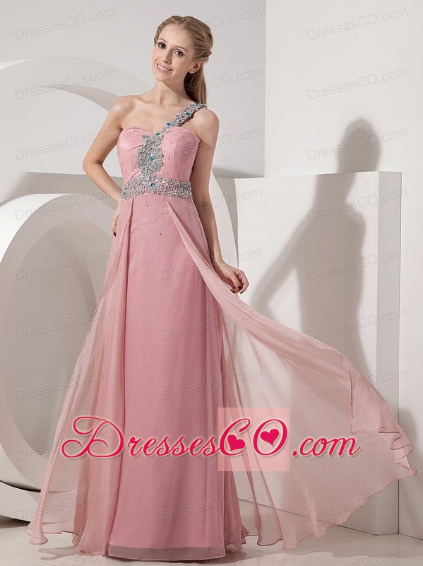 Pink Column One Shoulder Prom Dress Chiffon Beading Long