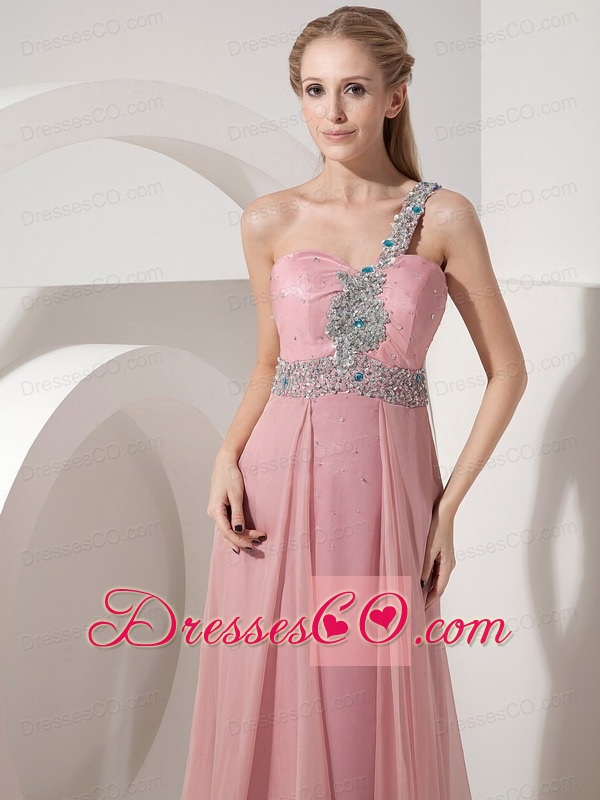 Pink Column One Shoulder Prom Dress Chiffon Beading Long