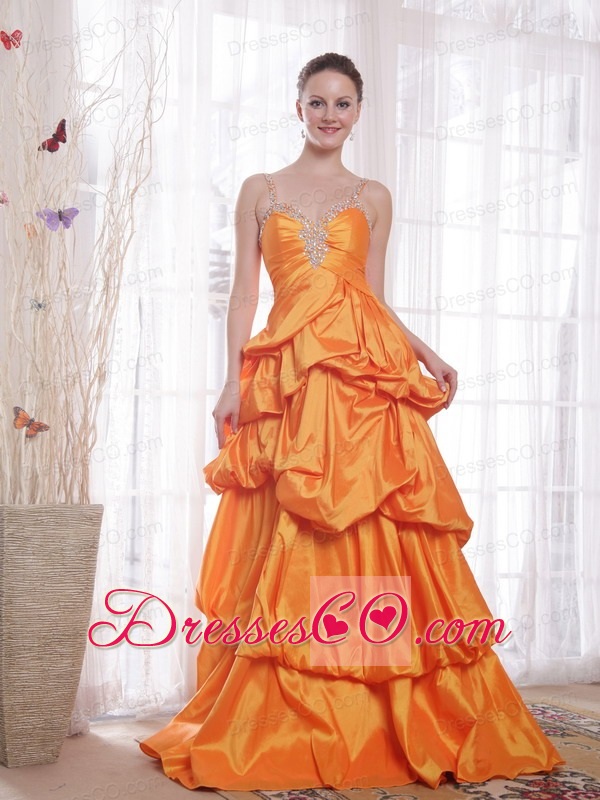 Orange A-line / Princess Straps Long Taffeta Beading Prom Dress