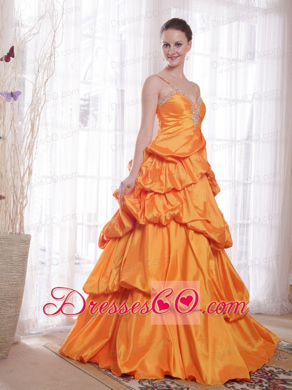 Orange A-line / Princess Straps Long Taffeta Beading Prom Dress