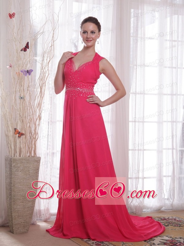 Coral Red Empire V-neck Brush /Sweep Beading Chiffon Prom/Party Dress