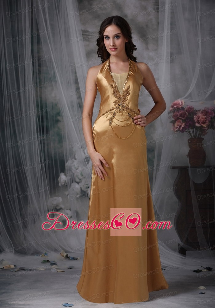 Gorgeous Gold Evening Dress Empire Halter Taffeta Beading Long