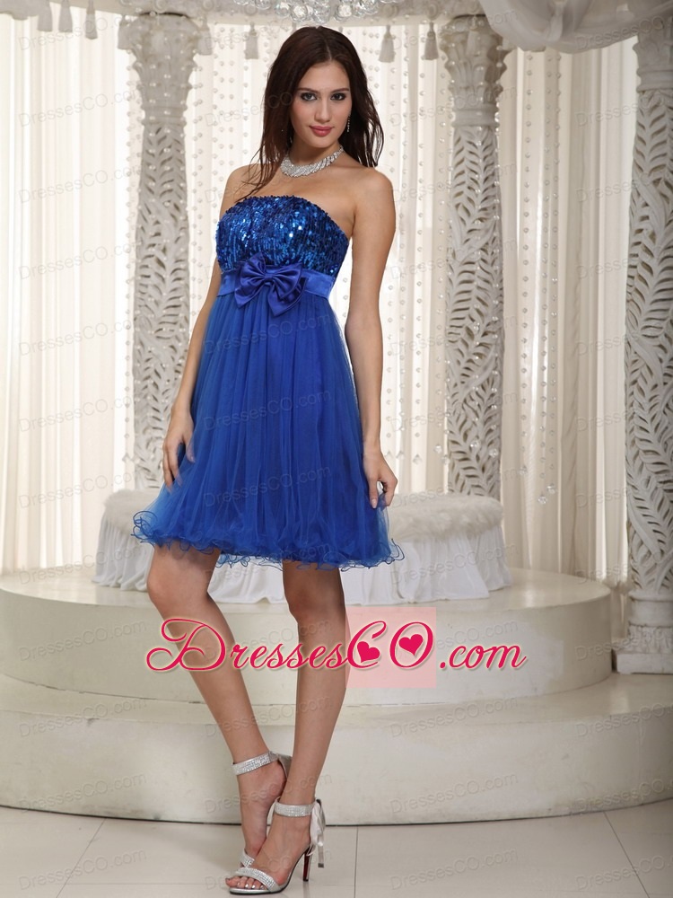 Royal Blue Empire Strapless Mini-length Organza And Sequin Bowknot Prom / Homecoming Dress