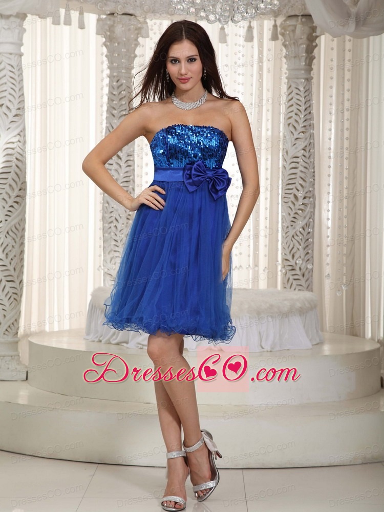 Royal Blue Empire Strapless Mini-length Organza And Sequin Bowknot Prom / Homecoming Dress