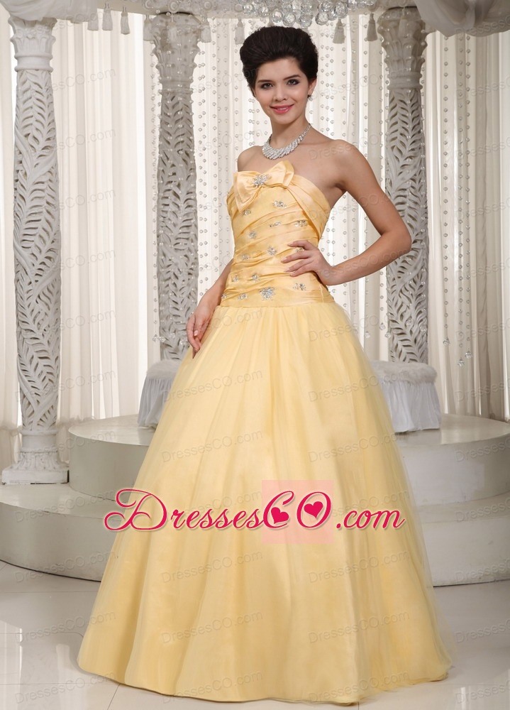 Yellow A-line Strapless Long Tulle And Taffeta Beading And Bow Prom / Evening Dress
