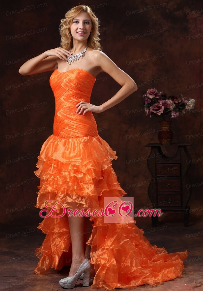 Custom Made Orange Red High-low Ruched Bodice Prom Dress With Organza