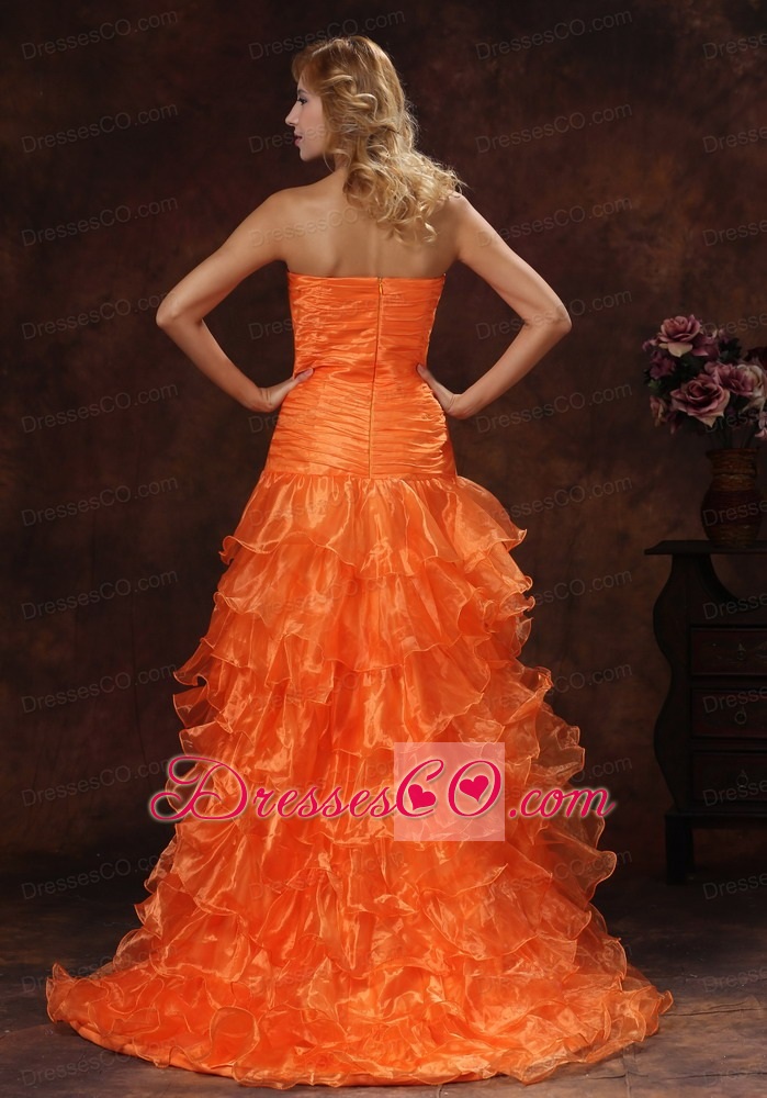 Custom Made Orange Red High-low Ruched Bodice Prom Dress With Organza