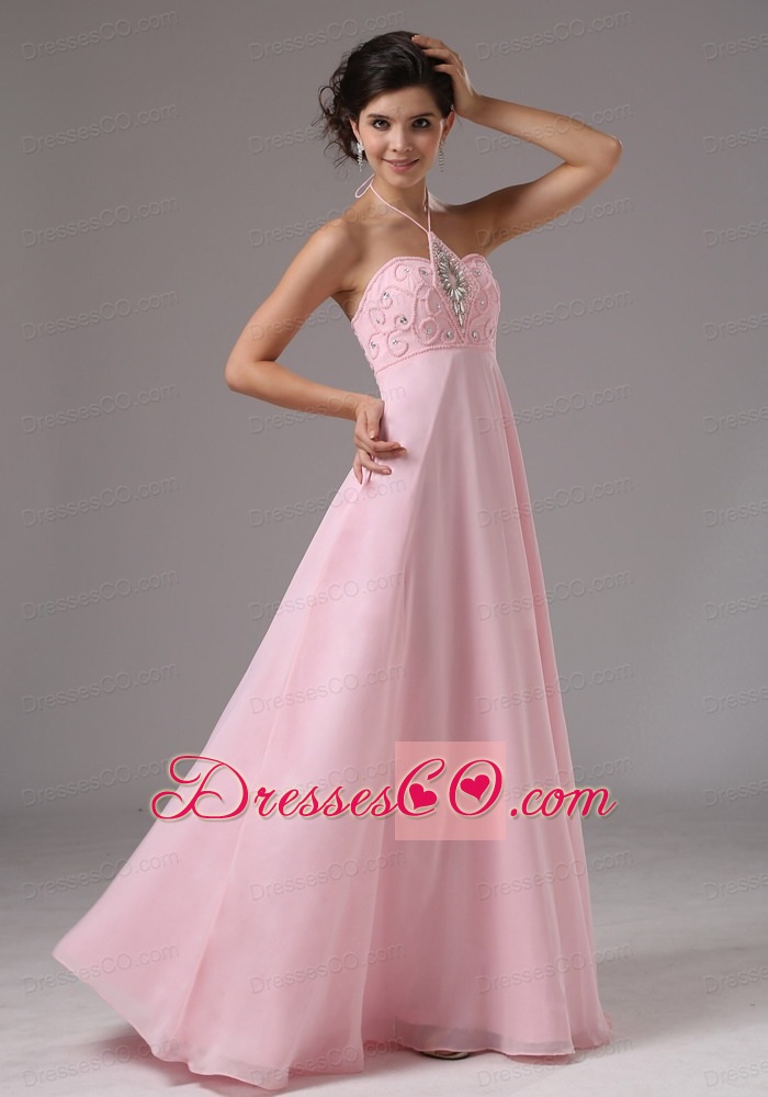 Baby Pink Halter and Beaded Decorate Bodice For Prom Dress
