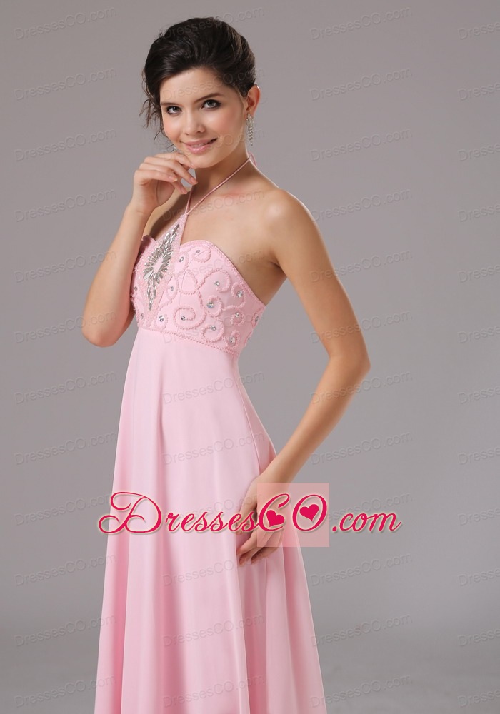 Baby Pink Halter and Beaded Decorate Bodice For Prom Dress
