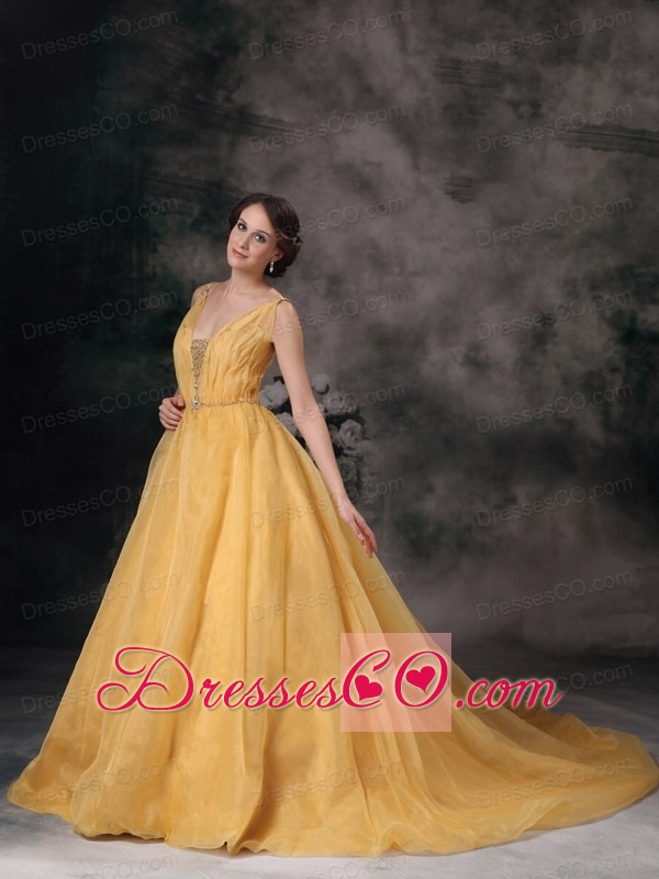 Modest Yellow A-line V-neck Organza Beading Brush Train  Prom  Dress