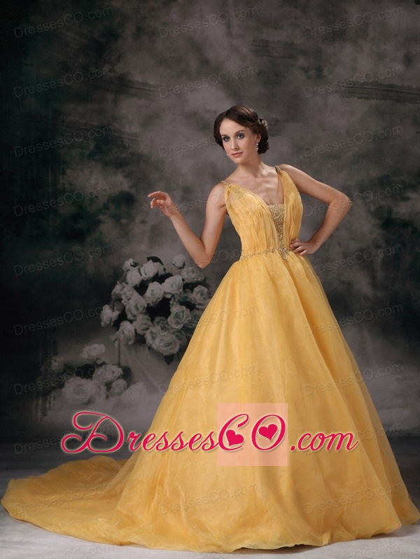 Modest Yellow A-line V-neck Organza Beading Brush Train  Prom  Dress