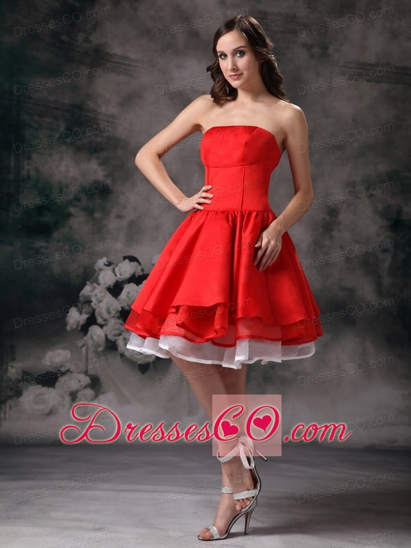 White And Red A-line Strapless Knee-length Organza And Taffeta Prom Dress