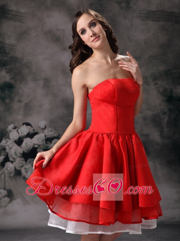 White And Red A-line Strapless Knee-length Organza And Taffeta Prom Dress