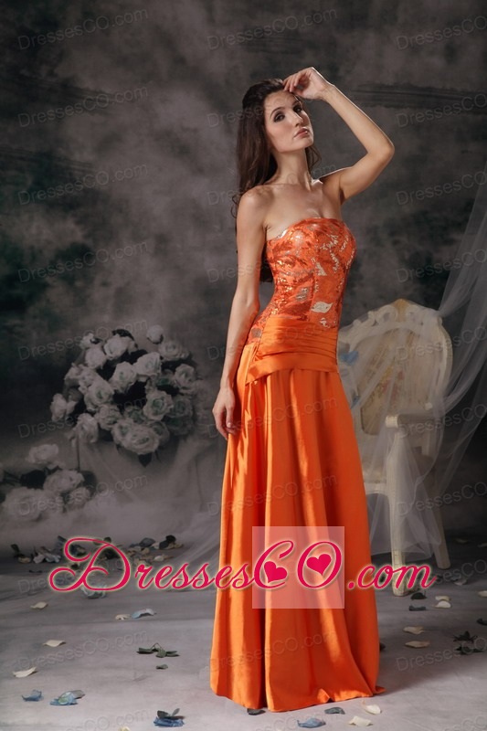 Modest Orange Red Prom Dress Strapless Taffeta Beading