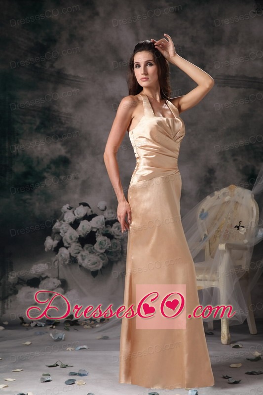 Elegant Champagne Column Bridesmaid Dress Halter Satin Ruching Long