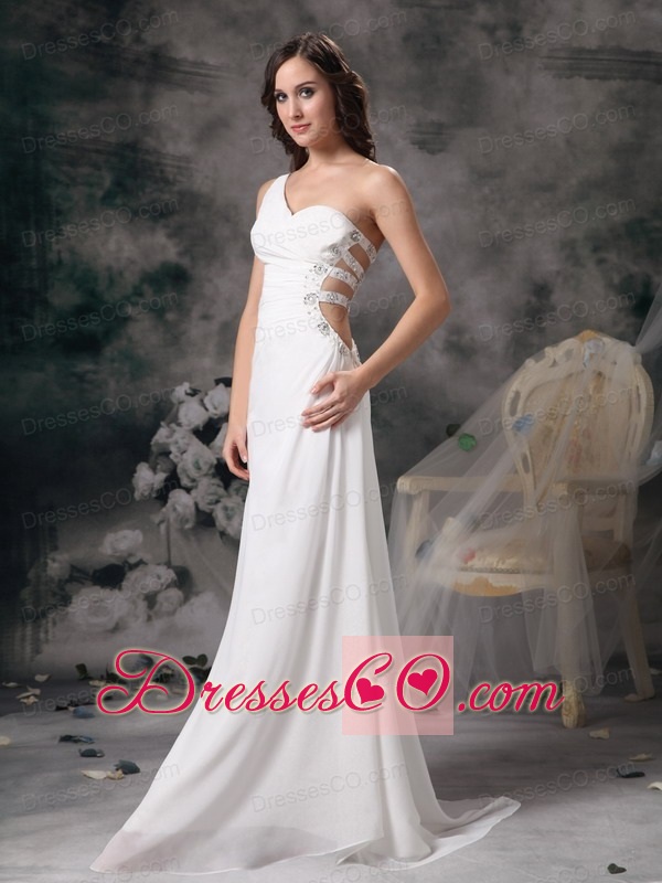 White A-line One Shoulder  Chiffon and Taffeta Beading and Ruched Brush Train Prom Dress