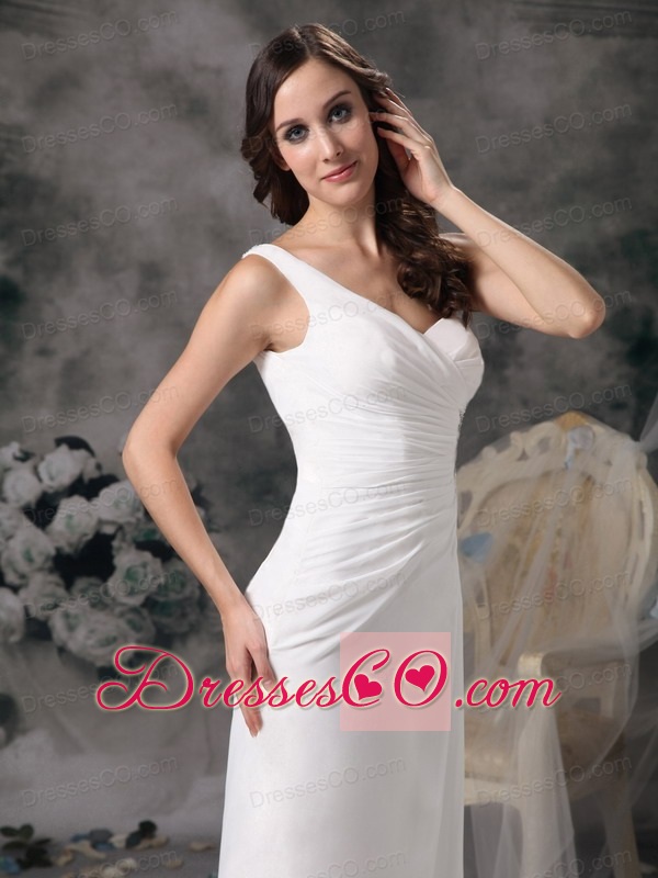 White A-line One Shoulder  Chiffon and Taffeta Beading and Ruched Brush Train Prom Dress