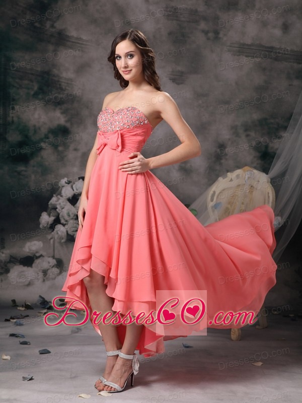 Sweet Watermelon Red A-line Homecoming Dress Chiffon Beading and Bows High-low