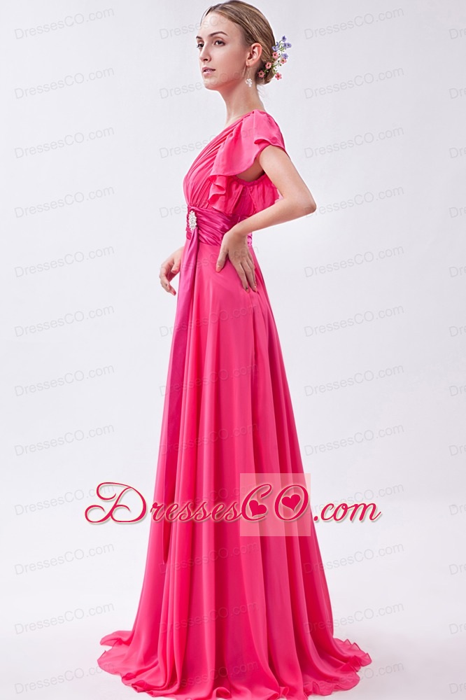 Hot Pink Empire V-neck Prom Dress Chiffon Ruched Brush Train
