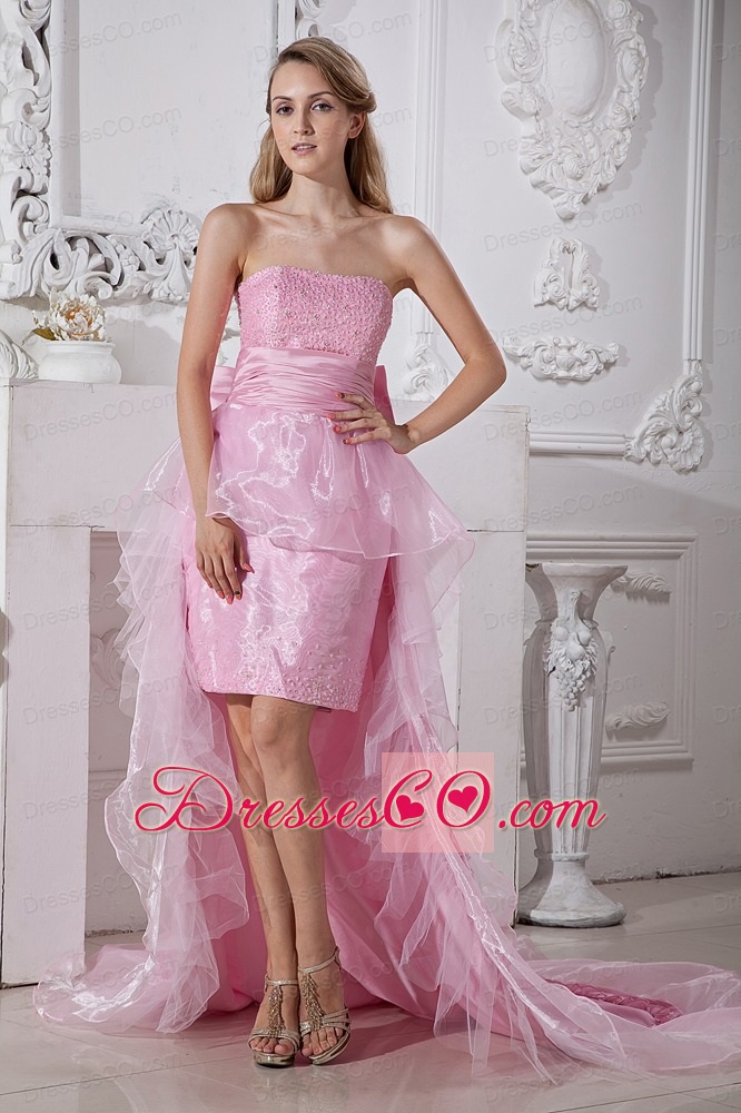 Baby Pink Column Strapless High-low Taffeta and Organza Beading Prom / Homecoming Dress