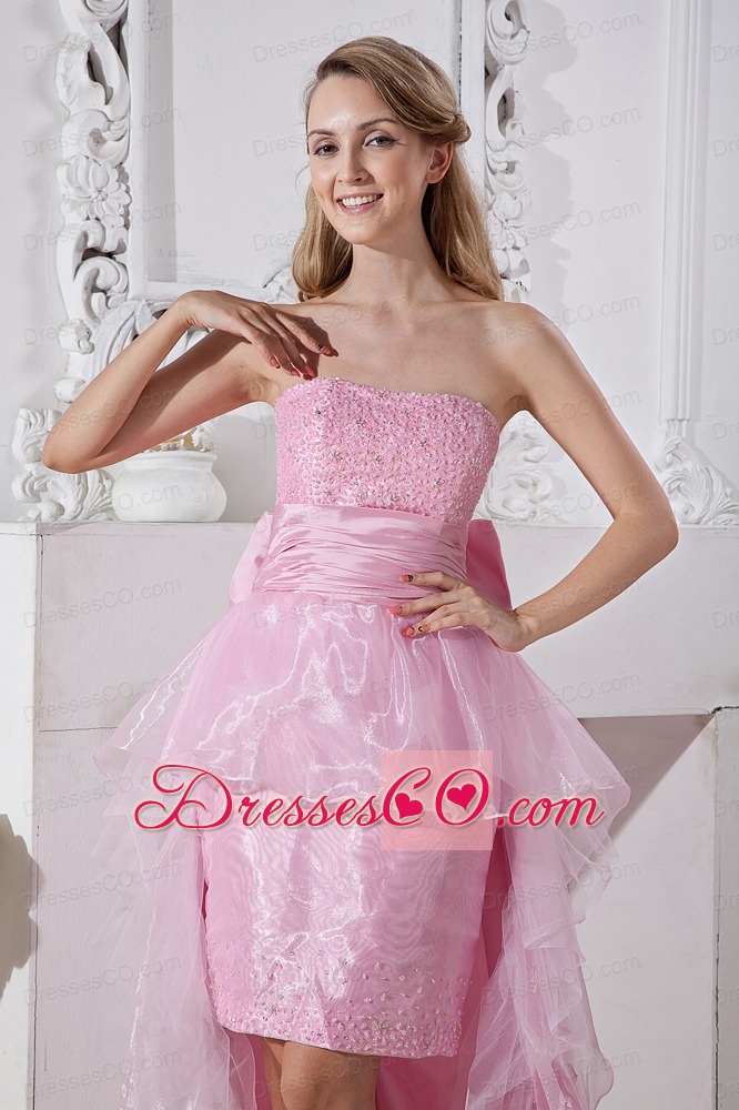 Baby Pink Column Strapless High-low Taffeta and Organza Beading Prom / Homecoming Dress