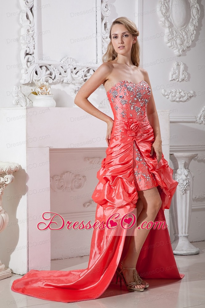 Watermelon Red Column High-low Taffeta Hand Made Flowers and Beading Prom Dress