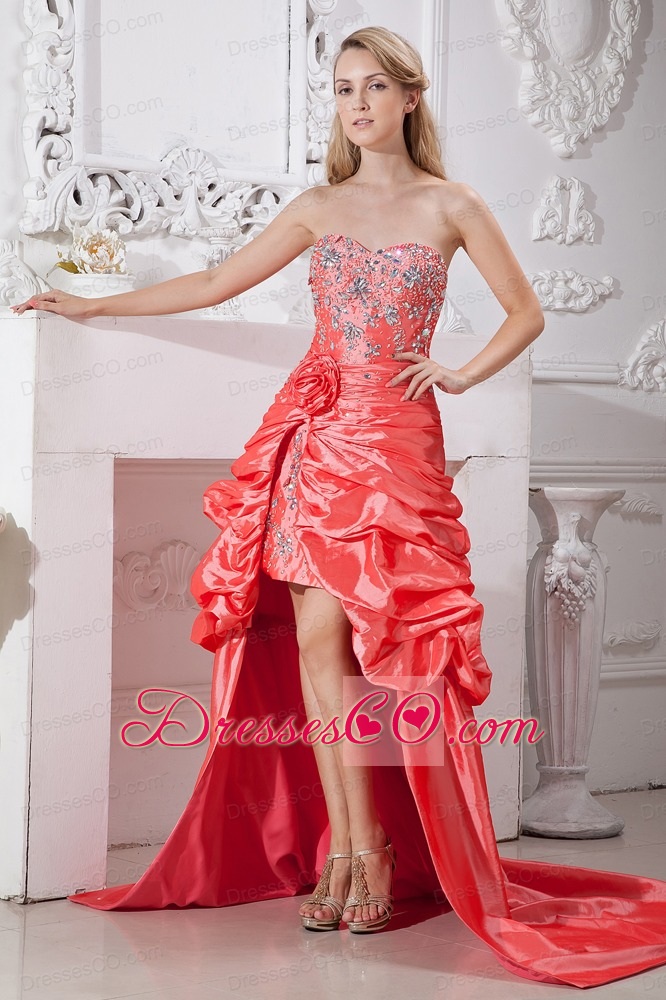 Watermelon Red Column High-low Taffeta Hand Made Flowers and Beading Prom Dress