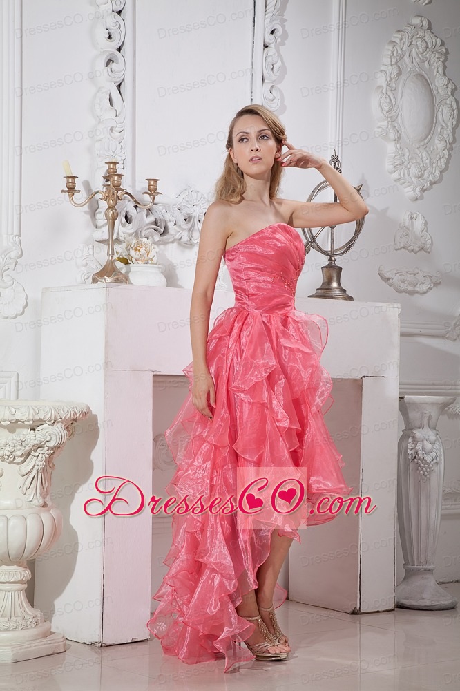 Watermelon Red A-line Strapless High-low Prom / Homecoming Dress Organza Ruffles and Beading